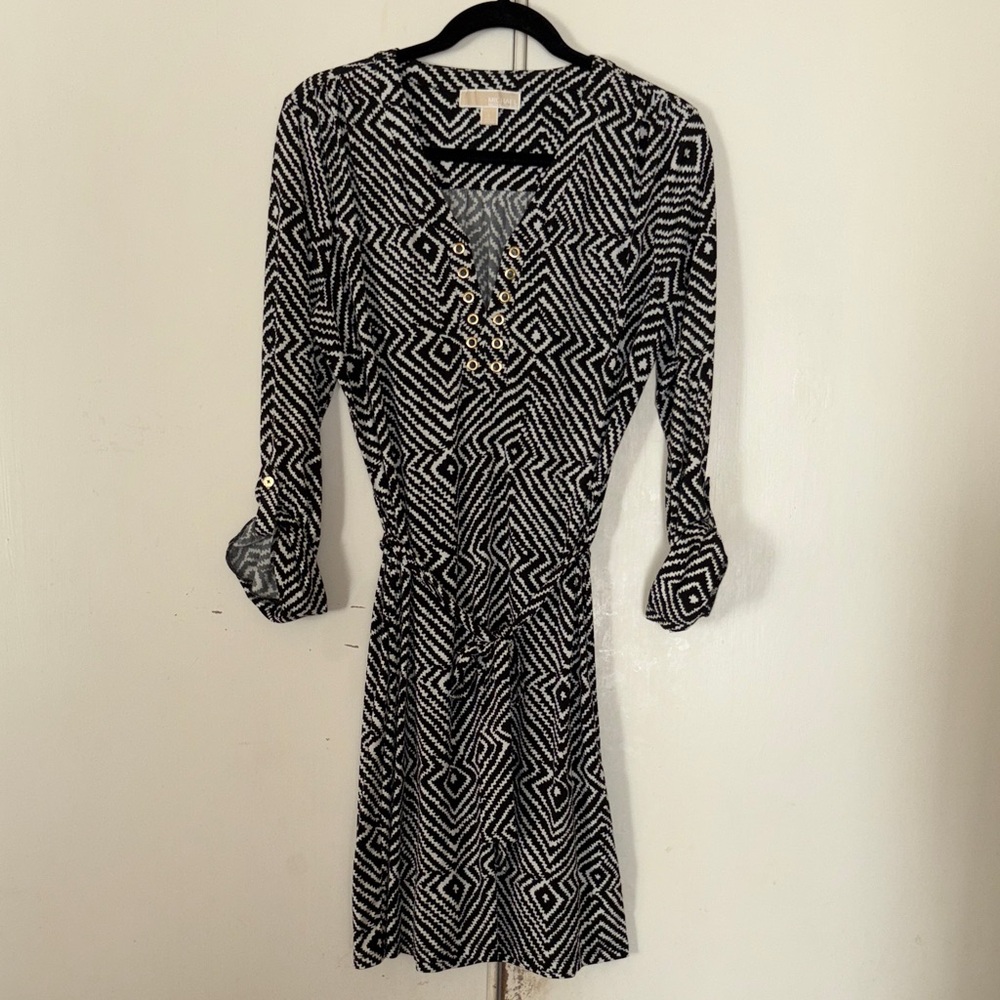 Michael Kors Monochrome Geometric Long Sleeve Dress